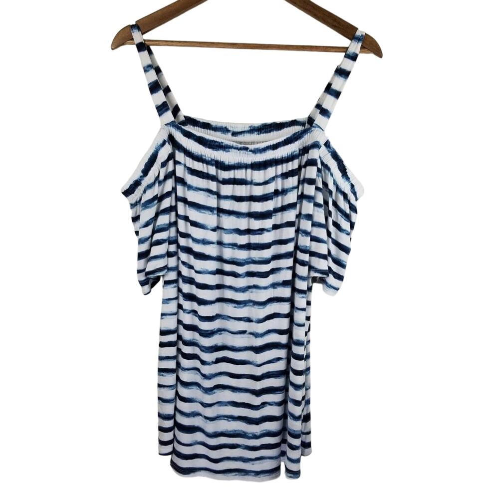 Lane Bryant Blue & White Cold Shoulder Striped Blouse Top Sz 22/24